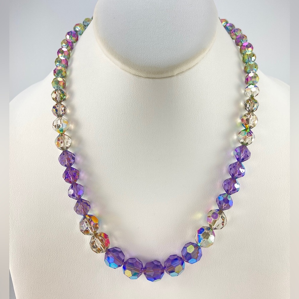 Purple & Clear Aurora Borealis Crystals Necklace, Handmade, Vintage Elements
